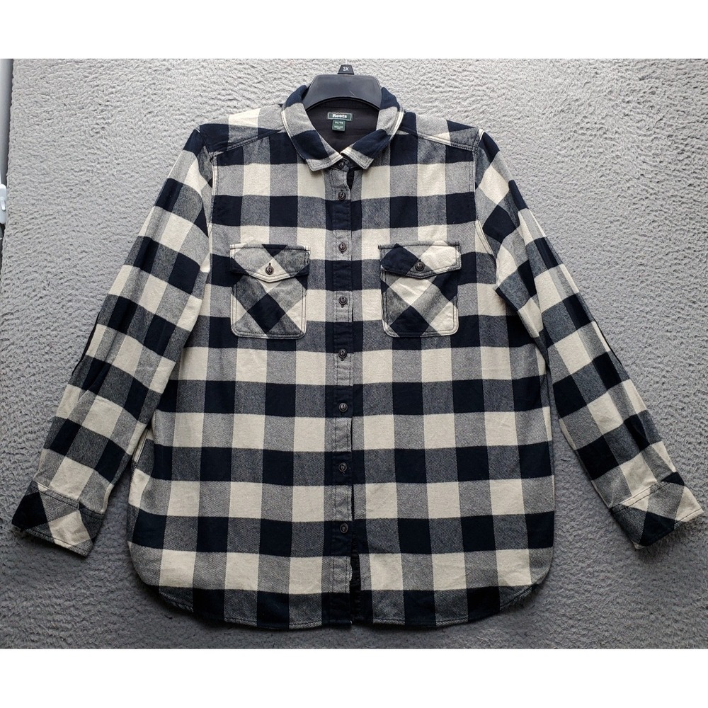 Roots Flannel Shirt Mens XL Multi Buffalo Plaid Elbow Patches Collared Button-Up